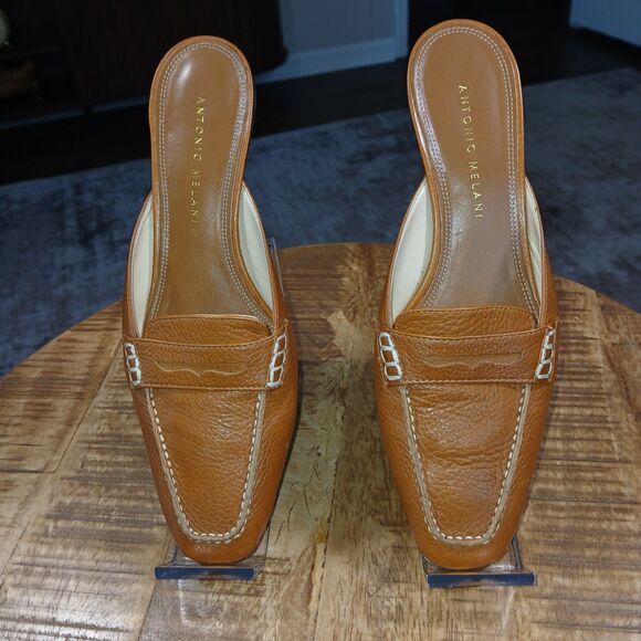 Antonio Melani "Nantucket" Brown Leather Loafer Mules Heels 6M Classic Style - Picture 2 of 12